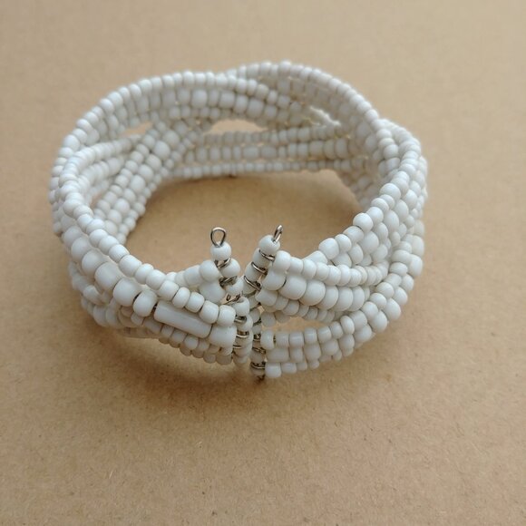 4/$20 White braided woven beaded cuff bracelet shell look - Picture 8 of 9